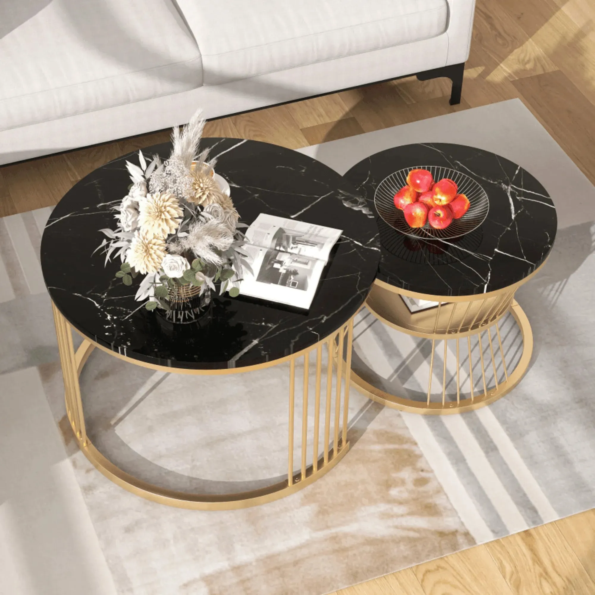 Wooden Twist Stylish Look Round Wrought Iron Coffee Table Set of 2 ( Golden )