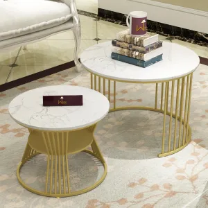 Wooden Twist Stylish Look Round Wrought Iron Coffee Table Set of 2 ( Golden )