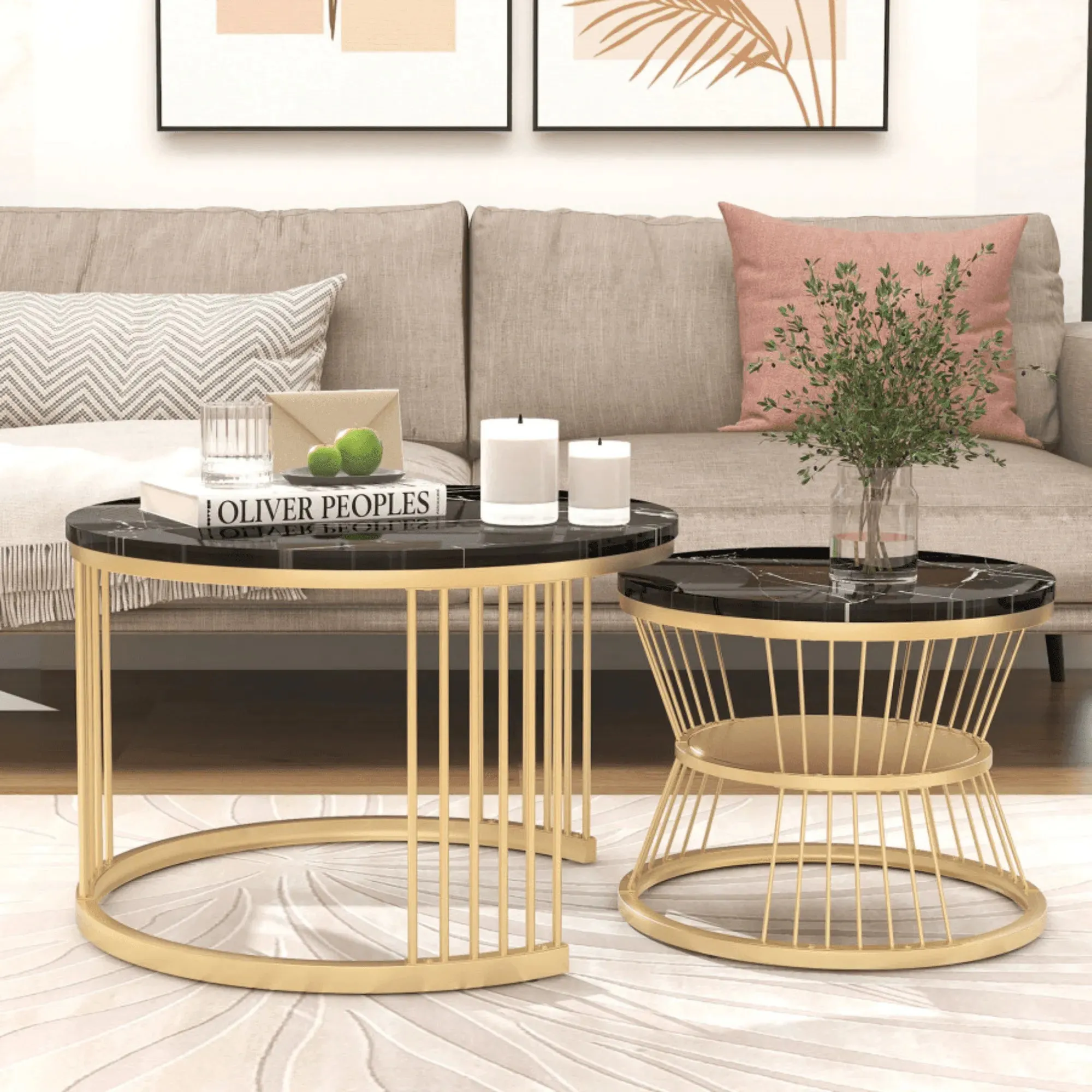 Wooden Twist Stylish Look Round Wrought Iron Coffee Table Set of 2 ( Golden )