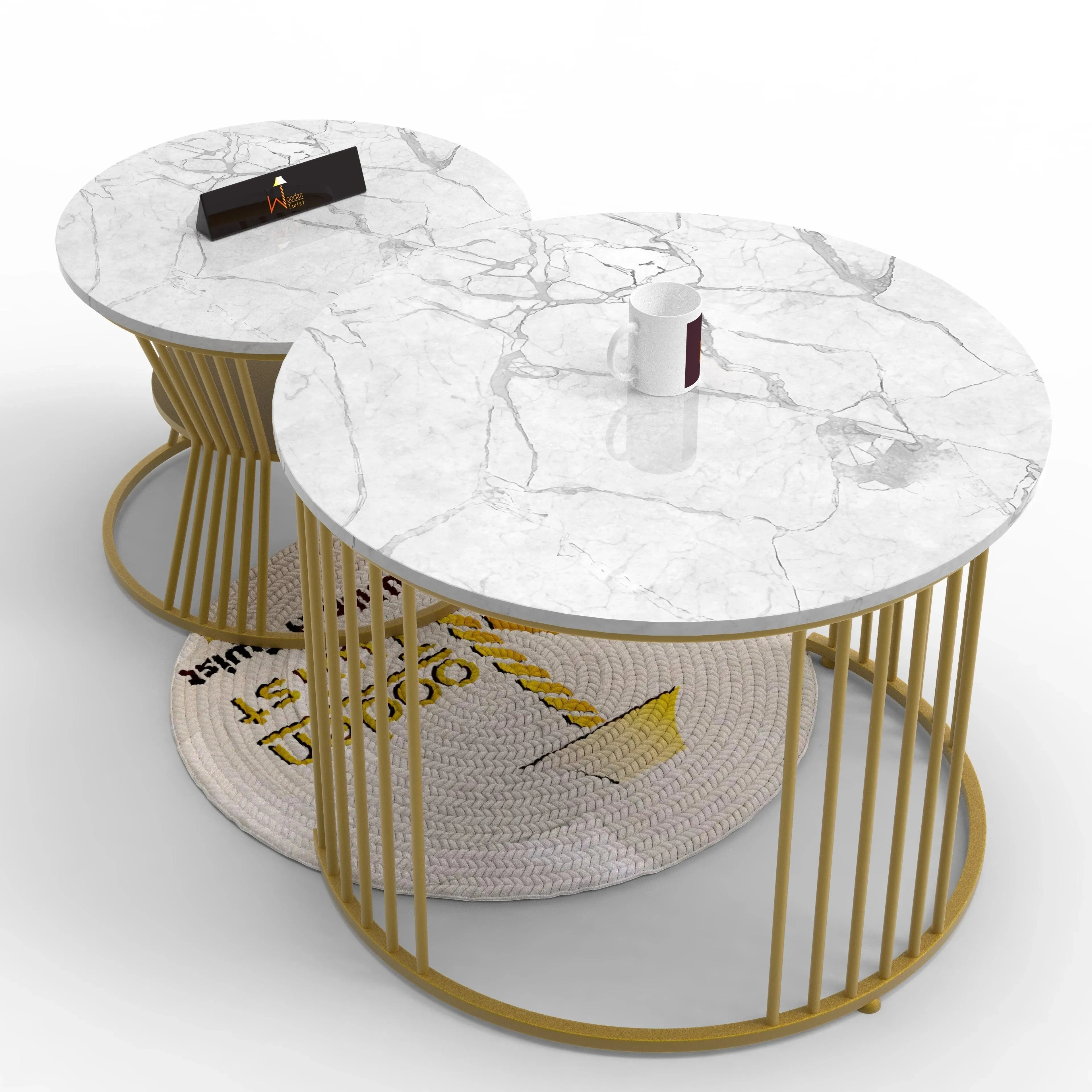 Wooden Twist Stylish Look Round Wrought Iron Coffee Table Set of 2 ( Golden )