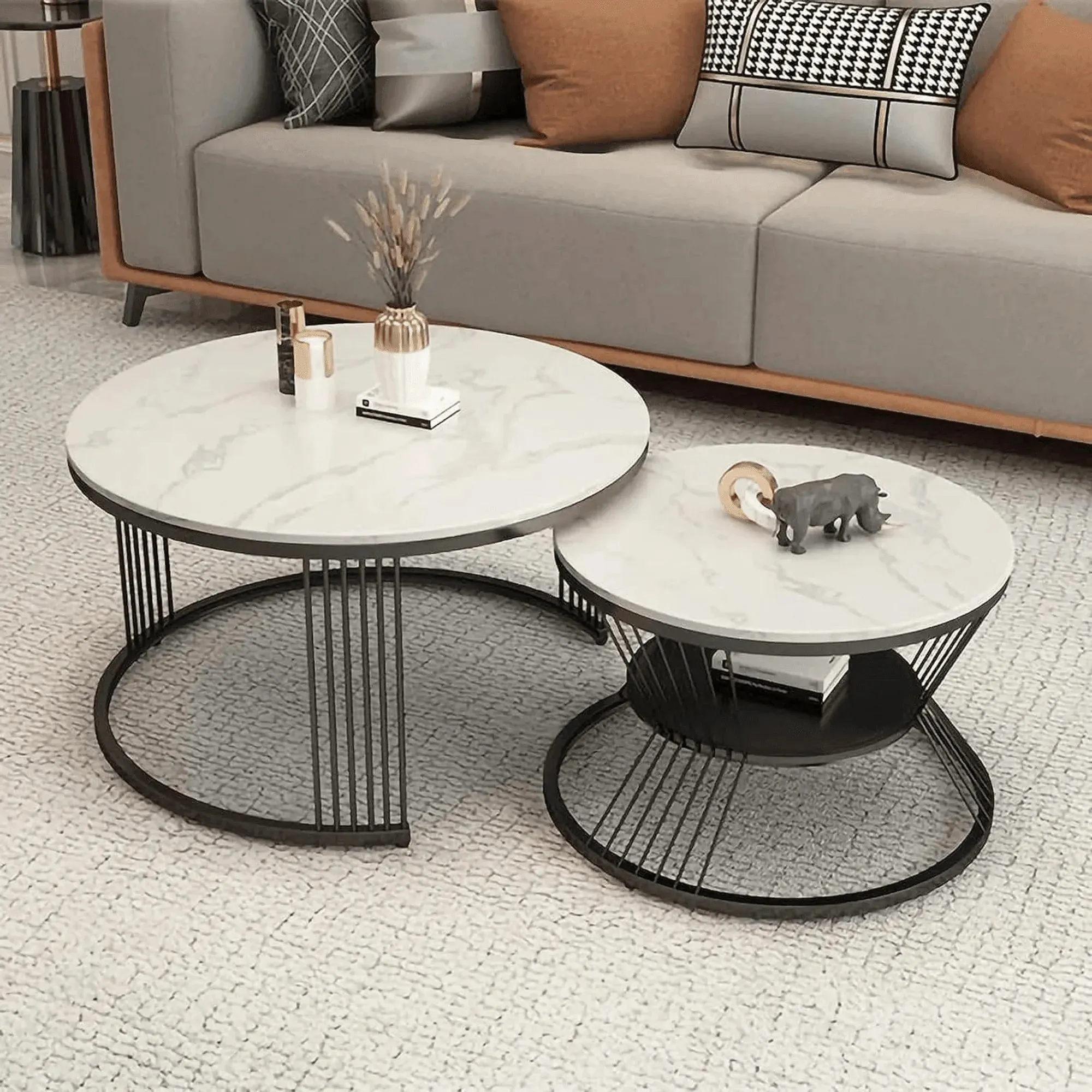 Wooden Twist Stylish Look Round Wrought Iron Coffee Table Set of 2 ( Golden )