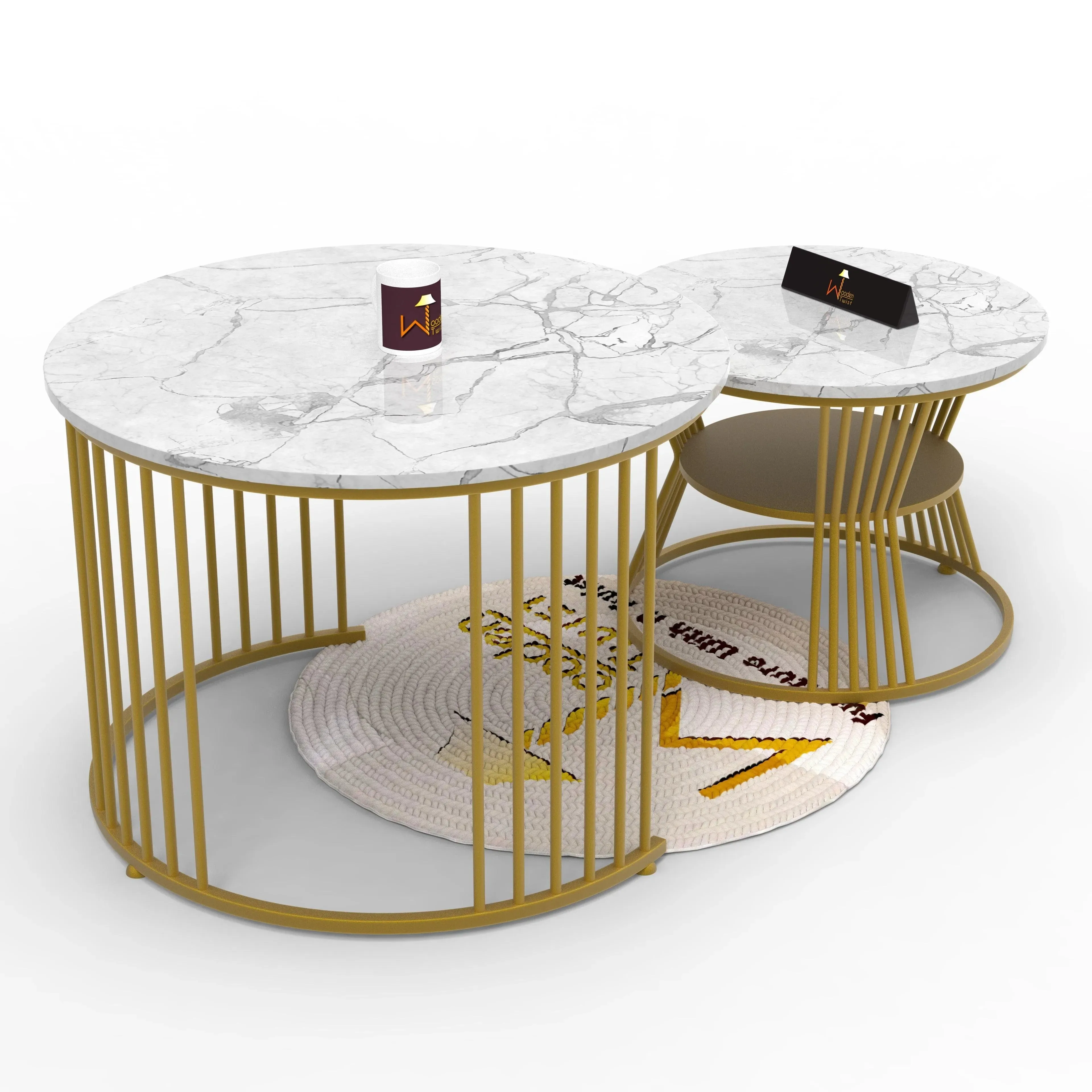 Wooden Twist Stylish Look Round Wrought Iron Coffee Table Set of 2 ( Golden )