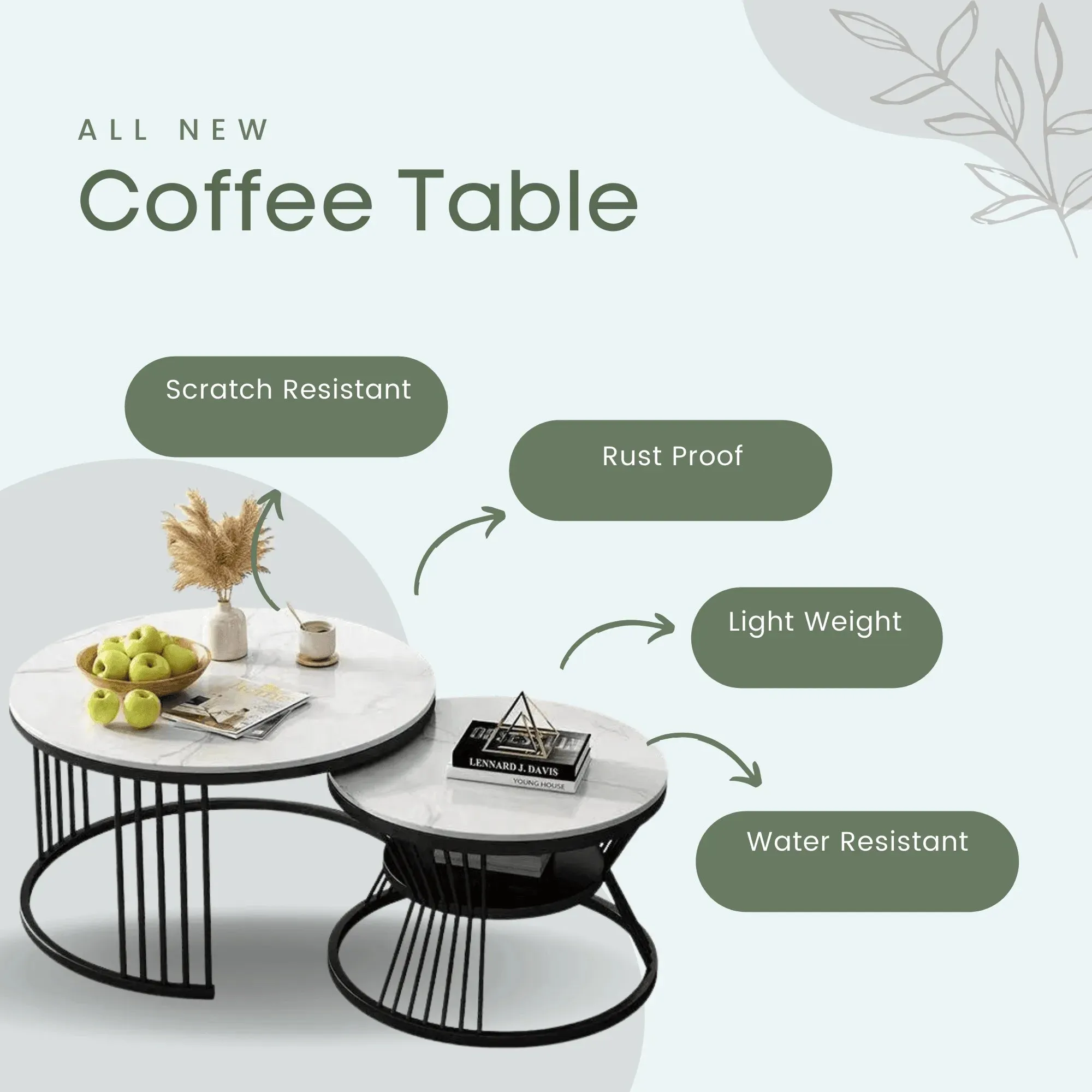 Wooden Twist Stylish Look Round Wrought Iron Coffee Table Set of 2 ( Golden )