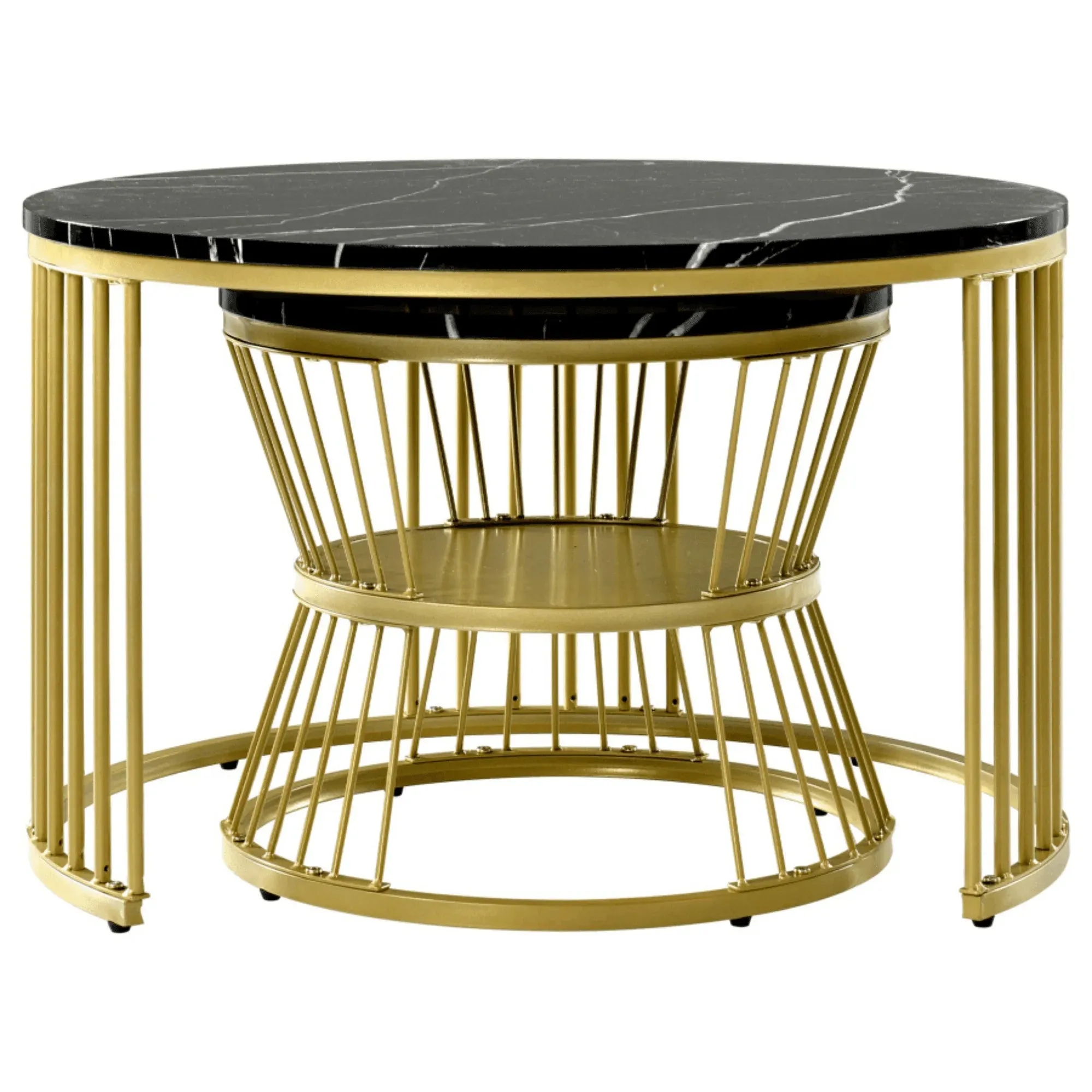Wooden Twist Stylish Look Round Wrought Iron Coffee Table Set of 2 ( Golden )