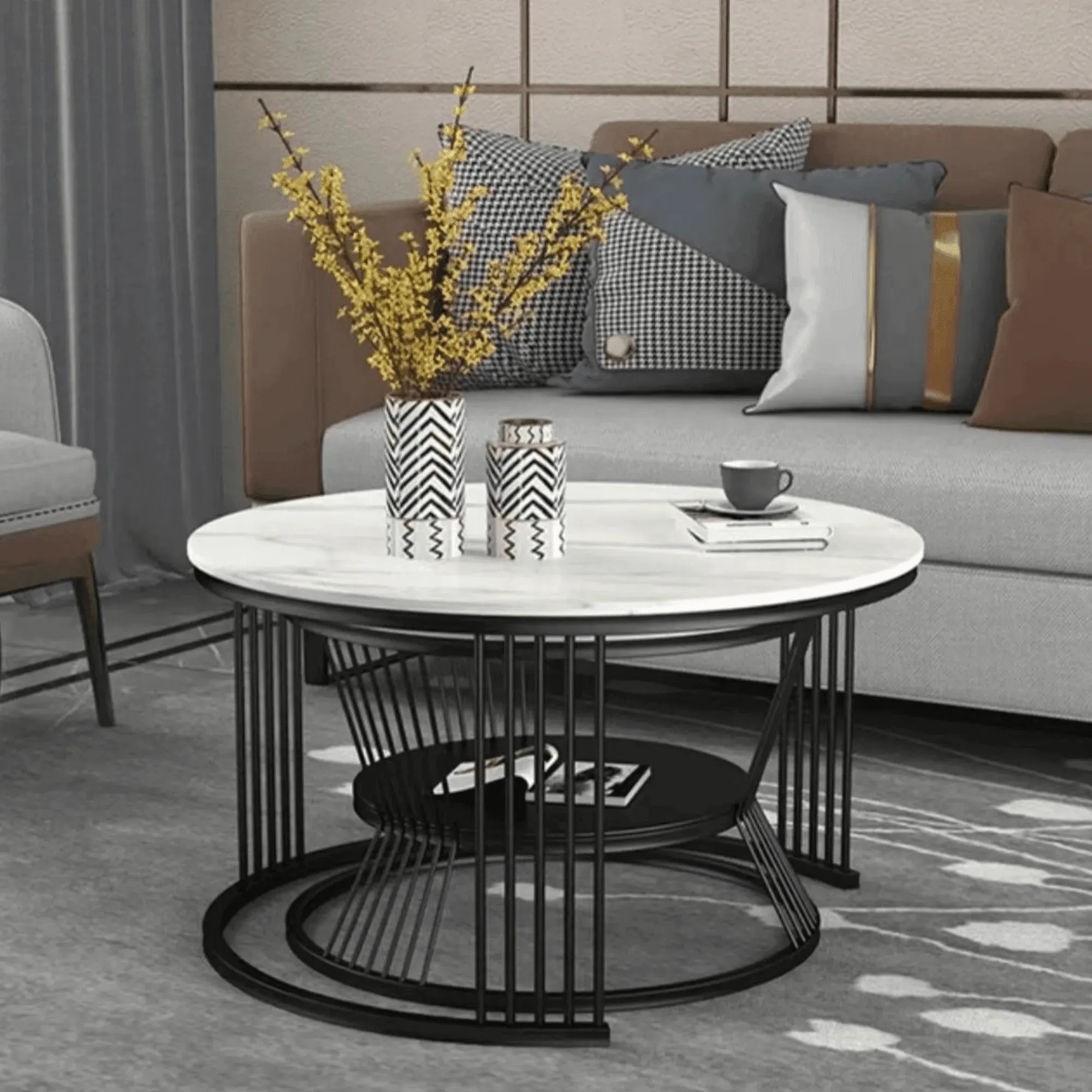 Wooden Twist Stylish Look Round Wrought Iron Coffee Table Set of 2 ( Golden )