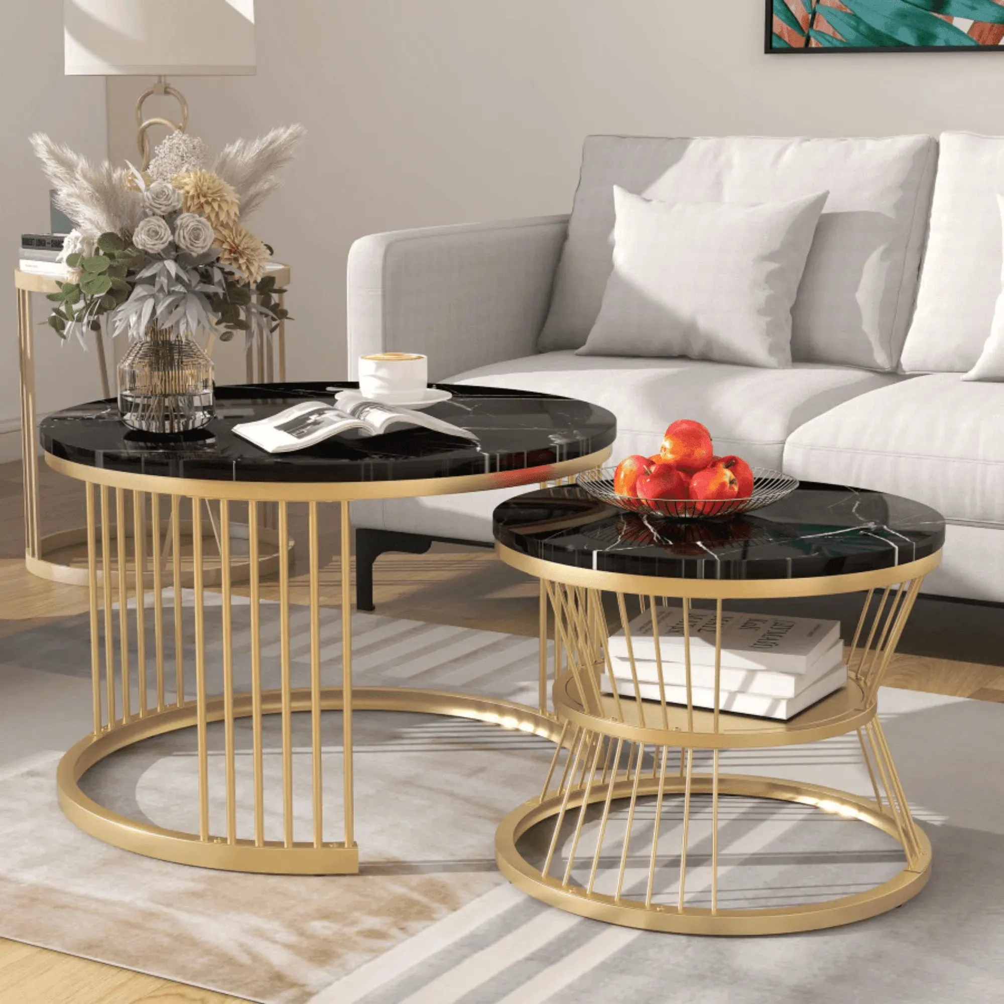 Wooden Twist Stylish Look Round Wrought Iron Coffee Table Set of 2 ( Golden )