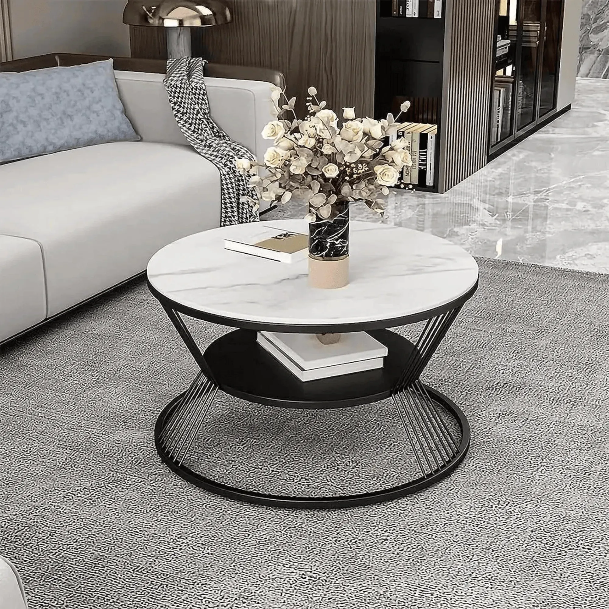 Wooden Twist Stylish Look Round Wrought Iron Coffee Table Set of 2 ( Golden )