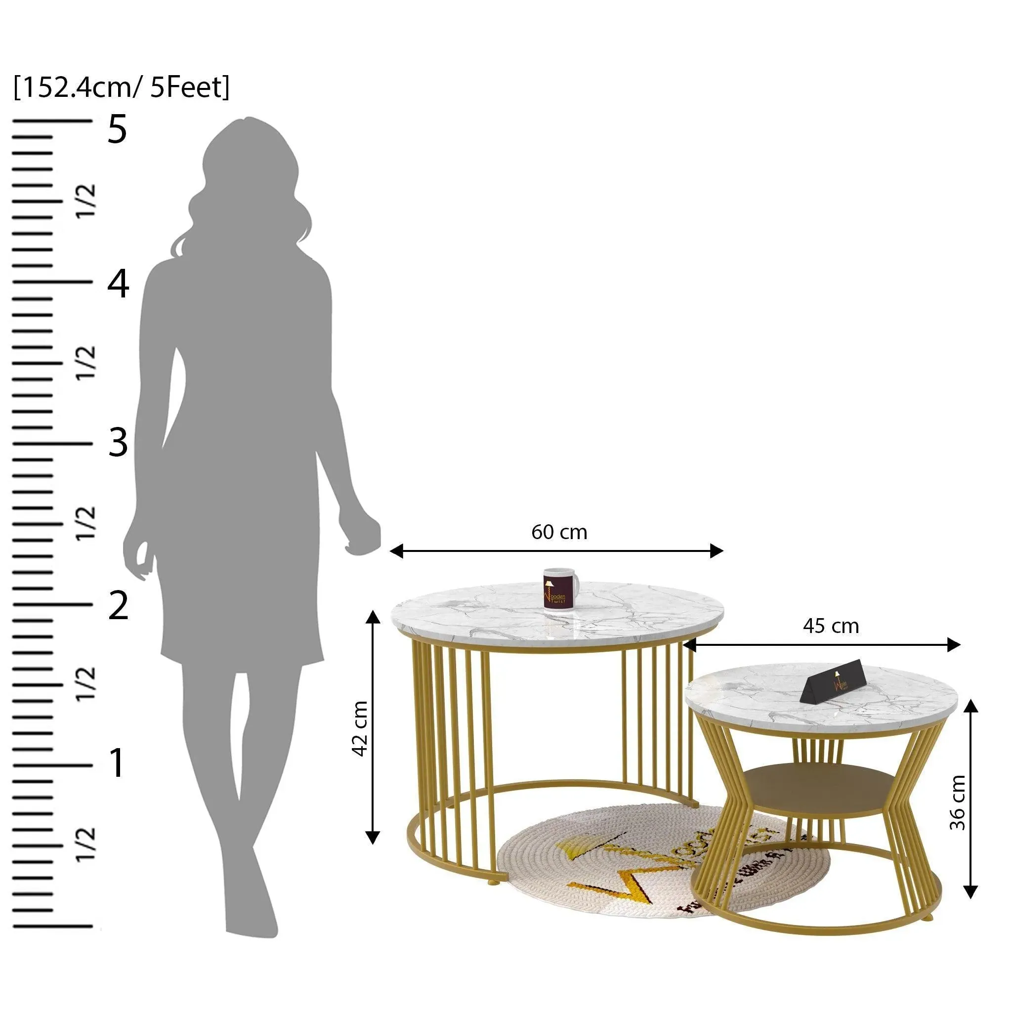 Wooden Twist Stylish Look Round Wrought Iron Coffee Table Set of 2 ( Golden )