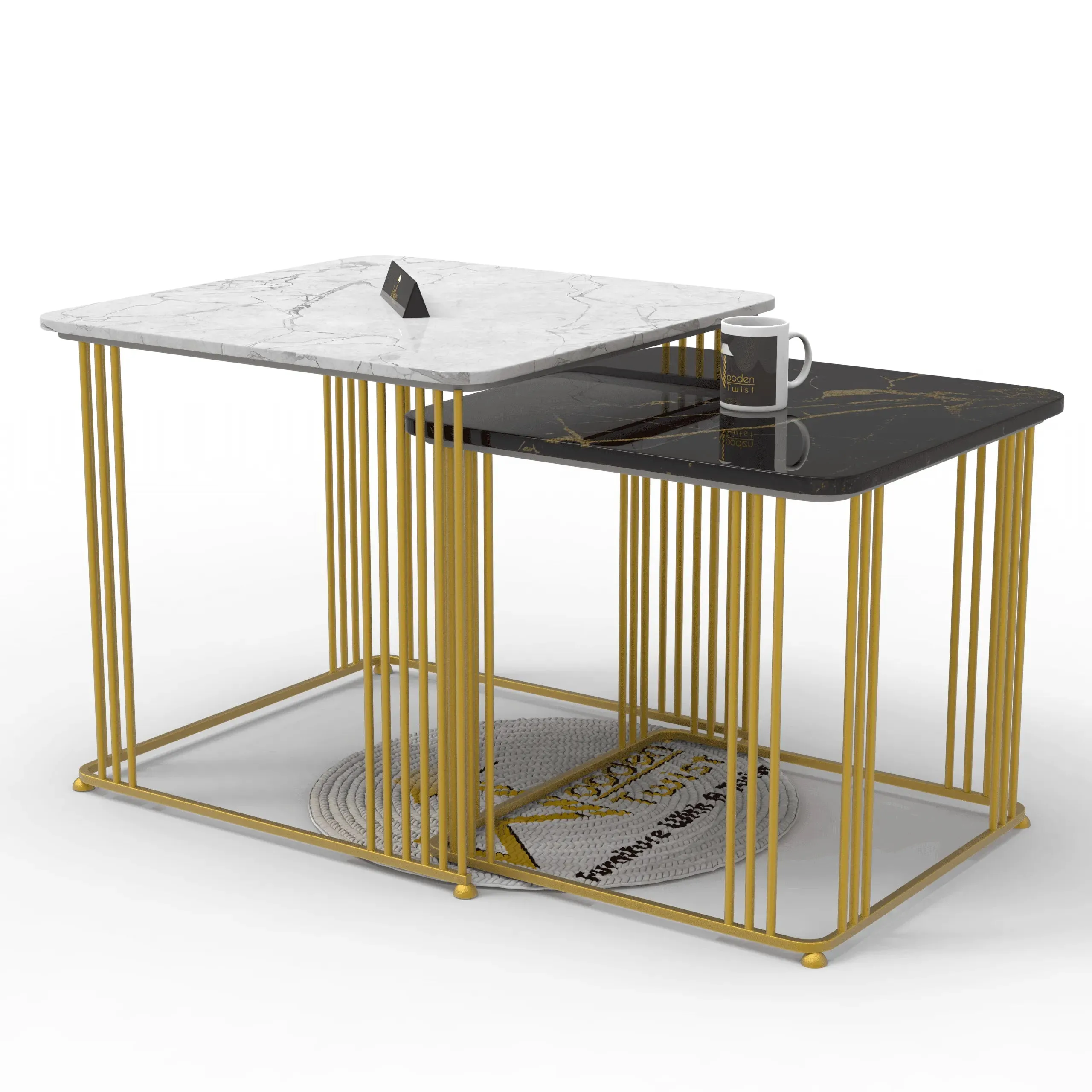 Wooden Twist Stylish Look Square Wrought Iron Coffee Table ( Set of 2 )