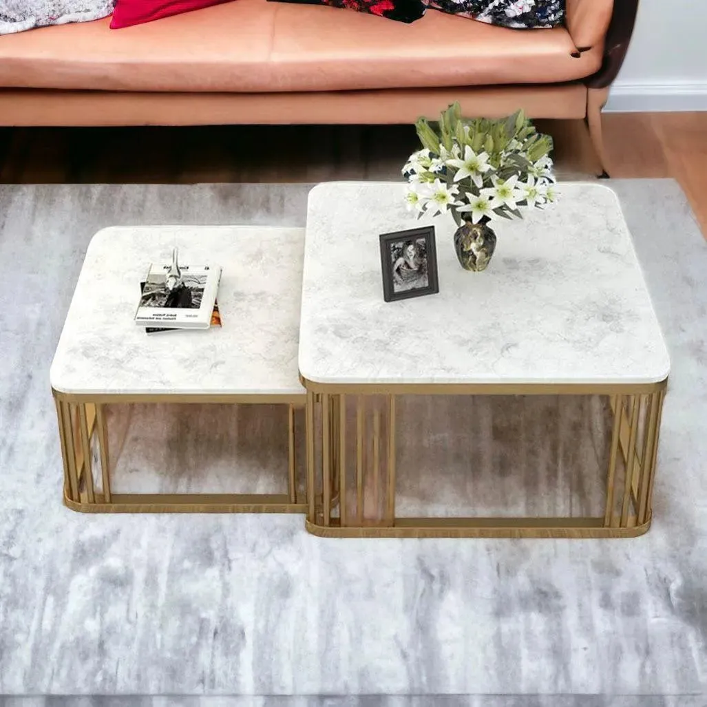 Wooden Twist Stylish Look Square Wrought Iron Coffee Table ( Set of 2 )